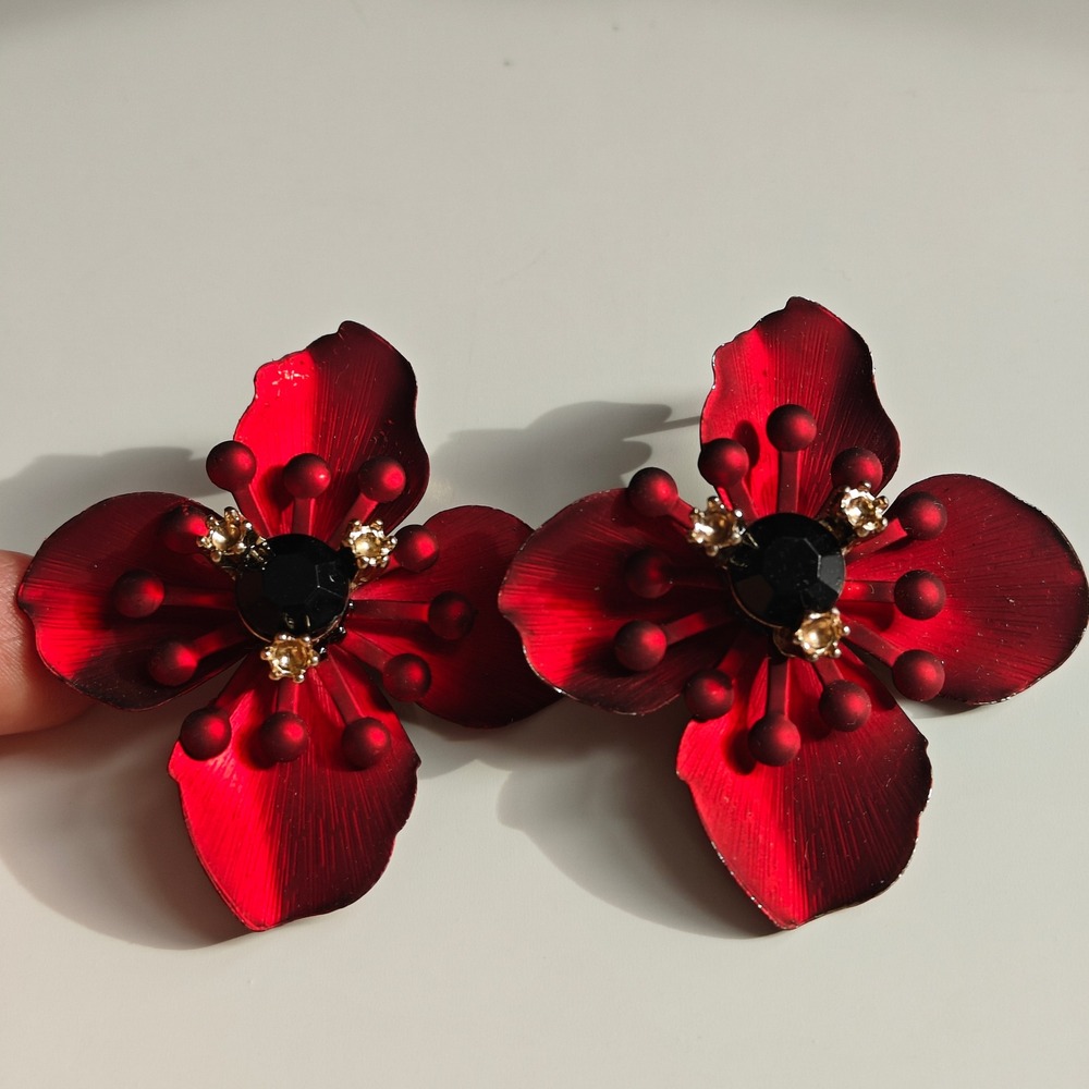 Teal Red Enamel Flower Statement Large Earrings Black Rhinestone Floral Gold